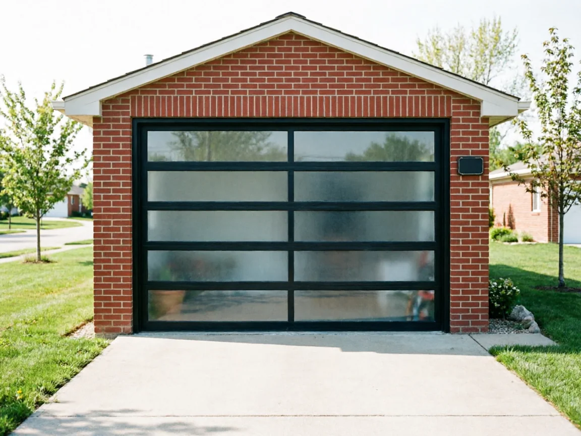 A modern garage door with frosted glass panels is set in a red brick garage.
