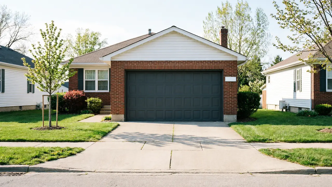 A brick house with a dark gray garage door and a concrete driveway.